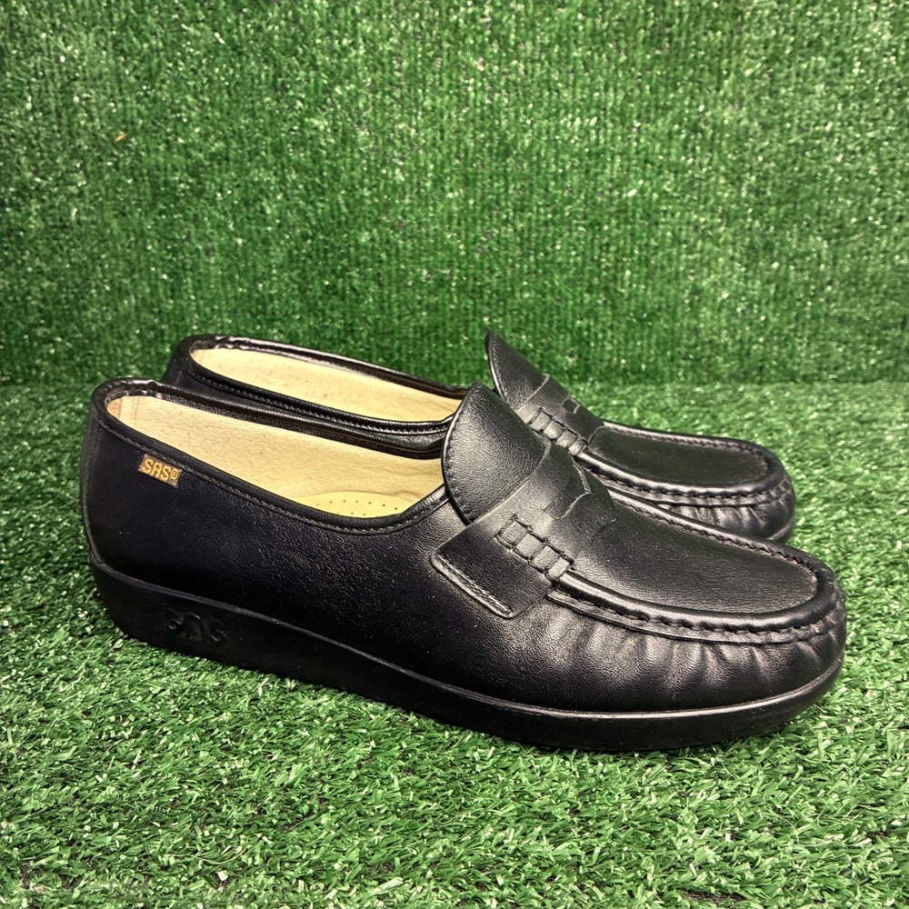 SAS Penny Leather Slip On Comfort Walking Classic Loafers Black Womens 9.5 Wide